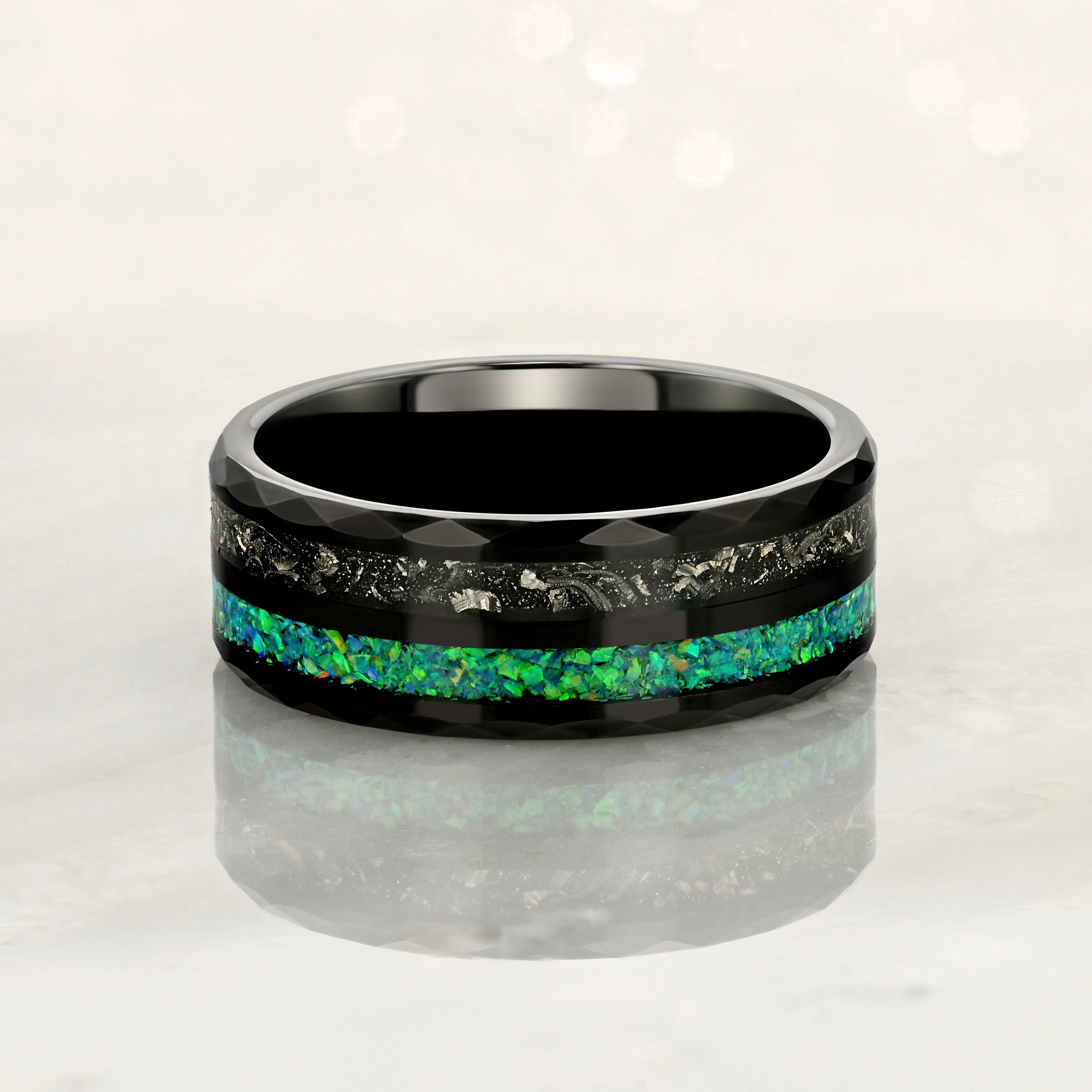 “CELESTIAL” Tungsten Carbide Black Ring 8mm w/ Meteorite and Crushed Green Opal - Pristine Pieces By Amy
