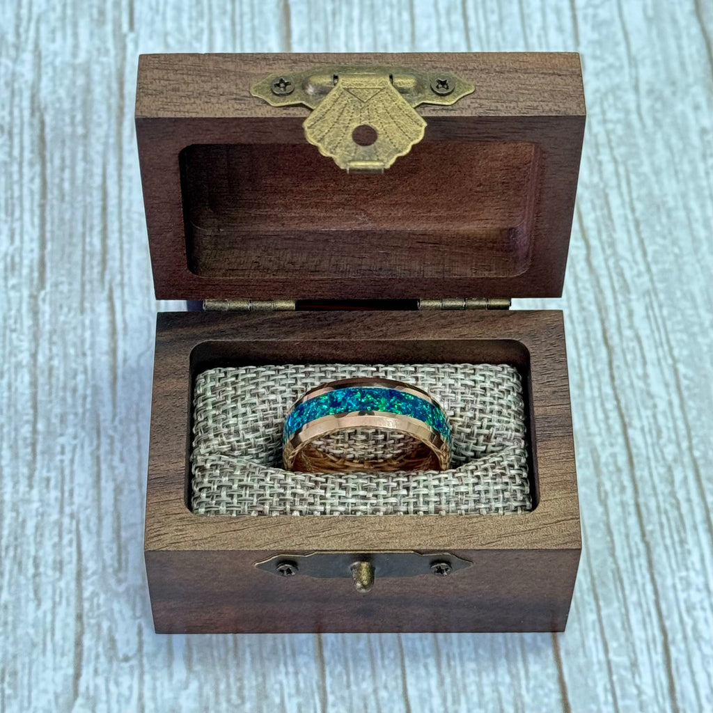 “IRIDESCENCE” Tungsten Carbide Rose Gold Ring 8mm w/ Blue - Green Opal - Pristine Pieces By Amy