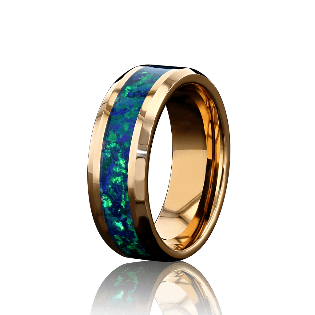 “IRIDESCENCE” Tungsten Carbide Rose Gold Ring 8mm w/ Blue - Green Opal - Pristine Pieces By Amy