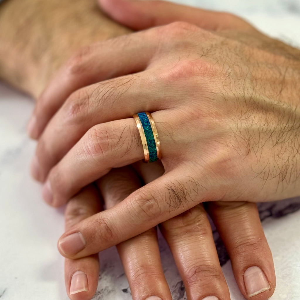 “IRIDESCENCE” Tungsten Carbide Rose Gold Ring 8mm w/ Blue - Green Opal - Pristine Pieces By Amy
