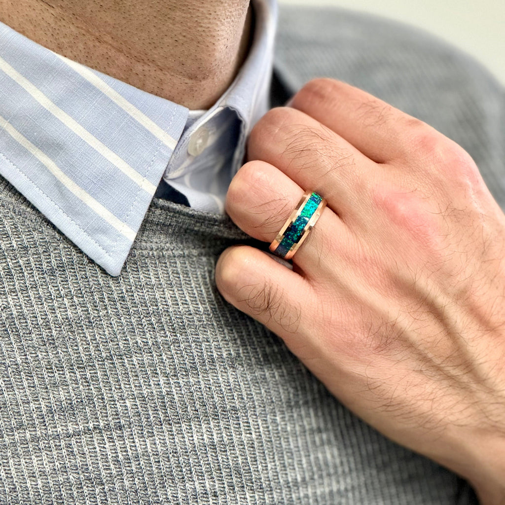 “IRIDESCENCE” Tungsten Carbide Rose Gold Ring 8mm w/ Blue - Green Opal - Pristine Pieces By Amy