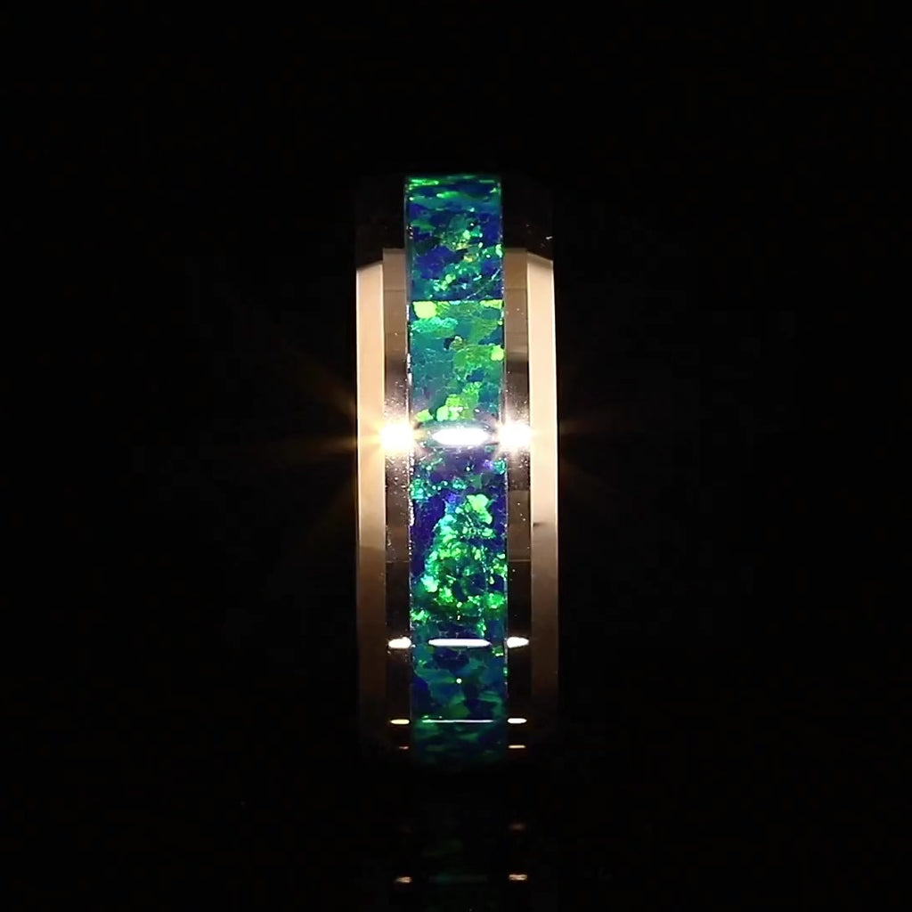 “IRIDESCENCE” Tungsten Carbide Rose Gold Ring 8mm w/ Blue-Green Opal