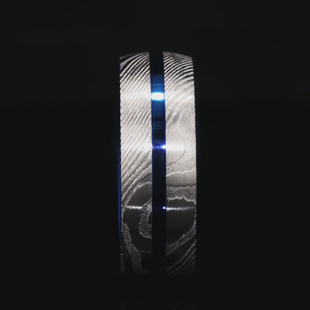 "ARTISAN" Silver Damascus Steel with a Blue Line, Forged Metal, Geometric Design