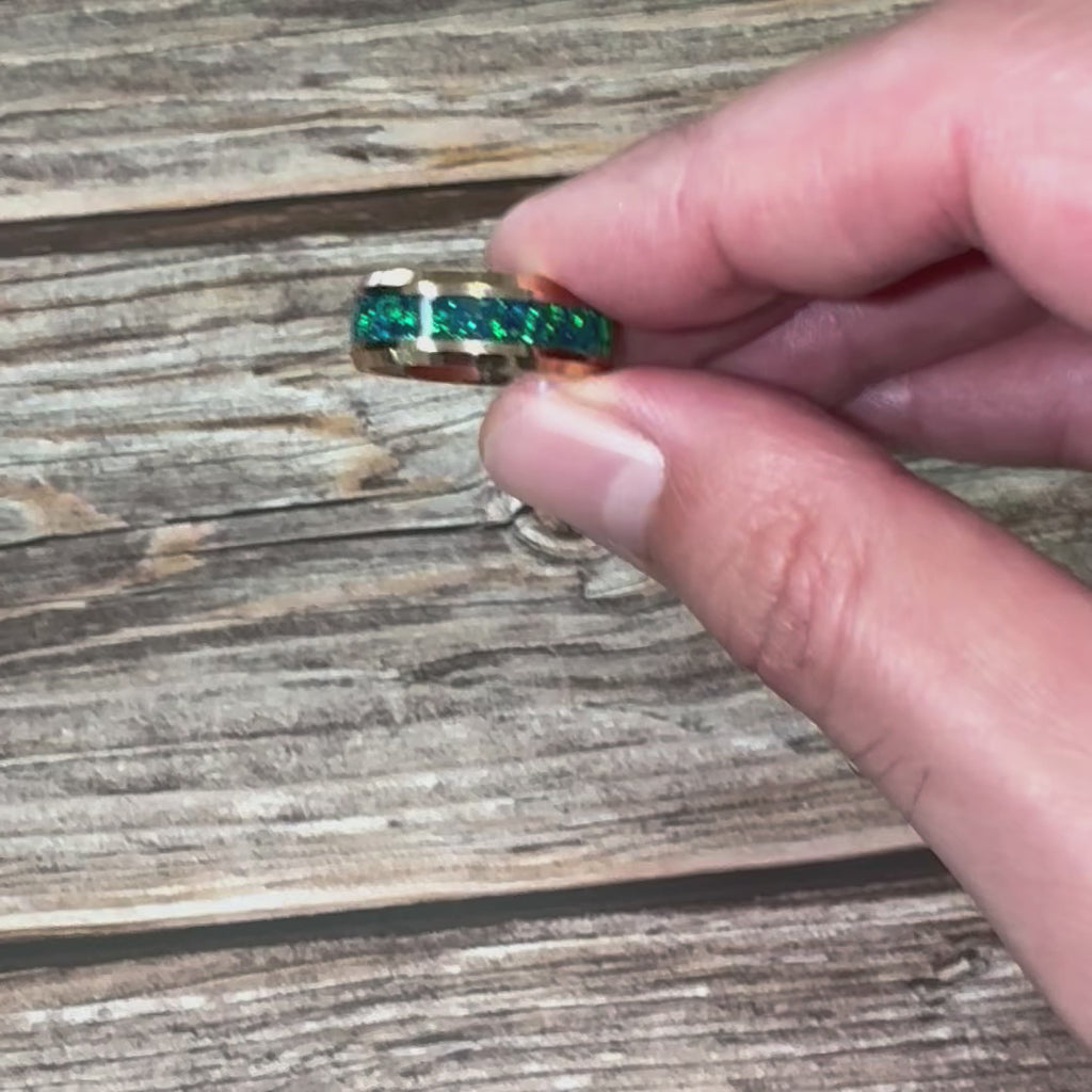 “IRIDESCENCE” Tungsten Carbide Rose Gold Ring 8mm w/ Blue-Green Opal