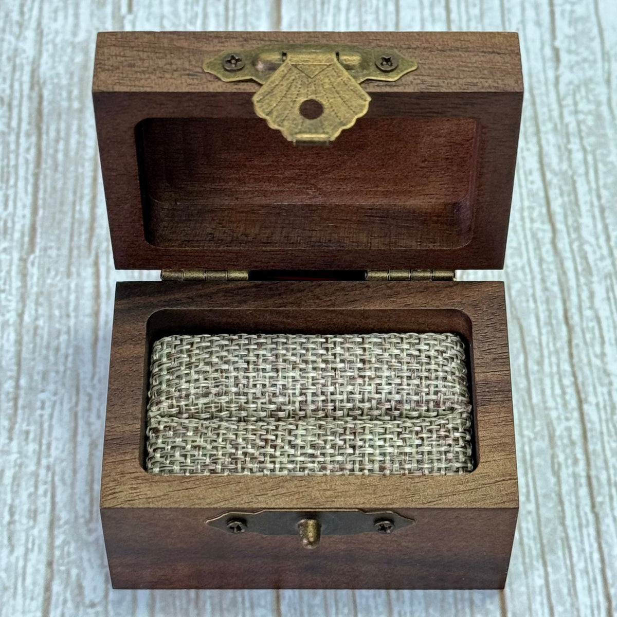 "Walnut Wood Box" Walnut Wood Ring Box, Weaved Fabric, Rustic Inspired - Free with Ring Purhcase - Pristine Pieces By Amy